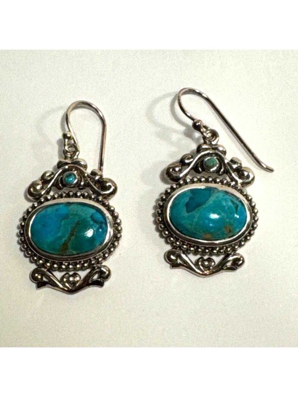 Sterling Silver 925 Turquoise Bezel Set Beaded Border Dangle Earrings Size 1.5"